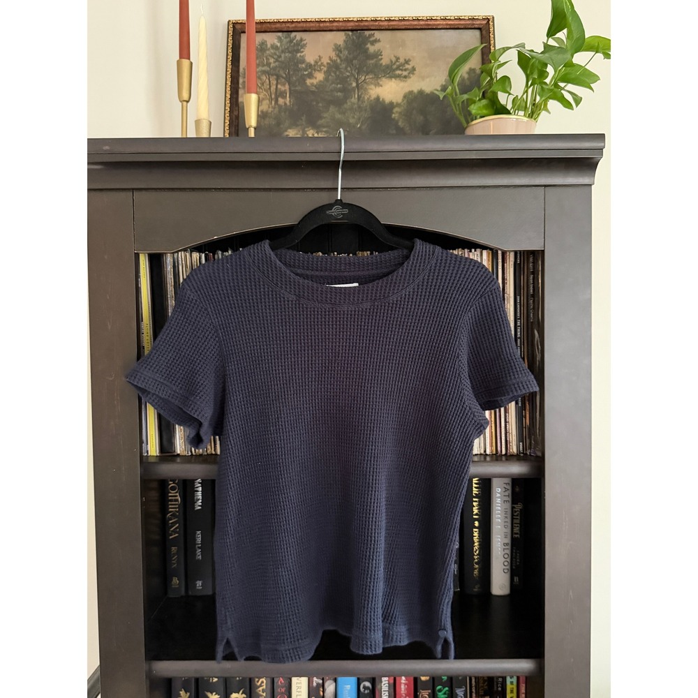 We Norwegians Waffle Knit Short Sleeve Top Navy Blue Cotton Casual Scandinavian